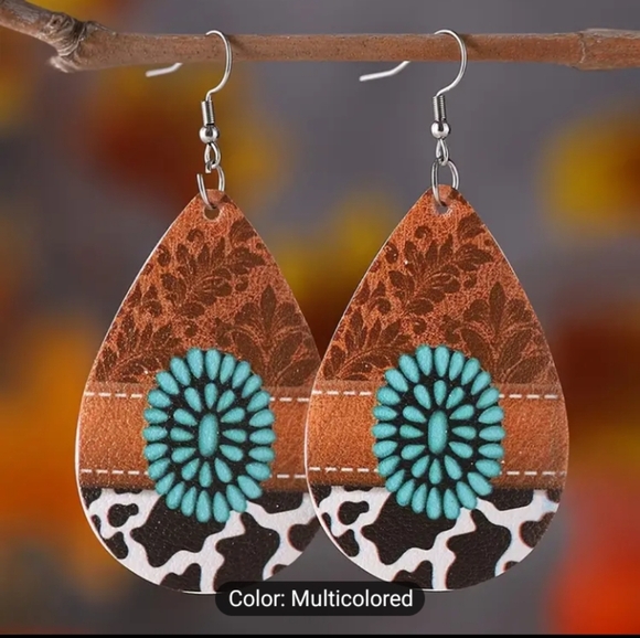 Earrings Western Turquoise Cow Women's Faux Leather Dangle New f27 - Picture 1 of 1